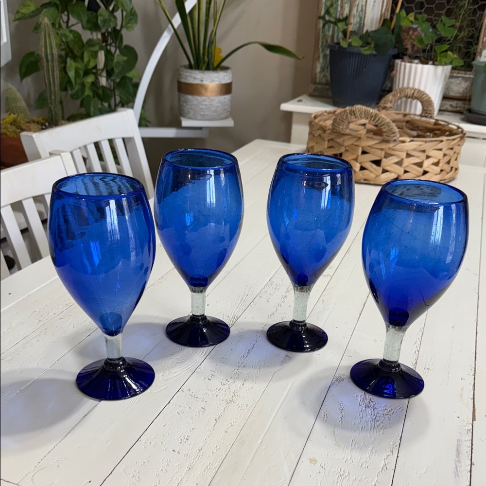 4 cobalt blue Hand blown Mexican Clear Stem blue base Beautiful, 8.5” ish tall